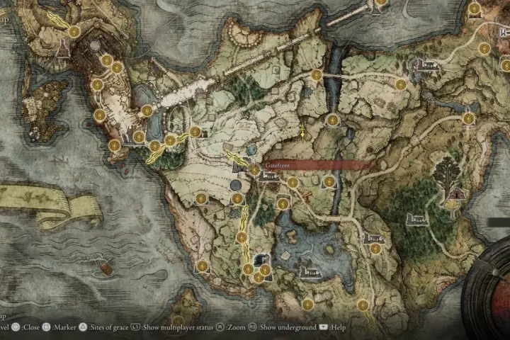 Mapa de Elden Ring. La zona de Gatefront es ideal para farmear runas.