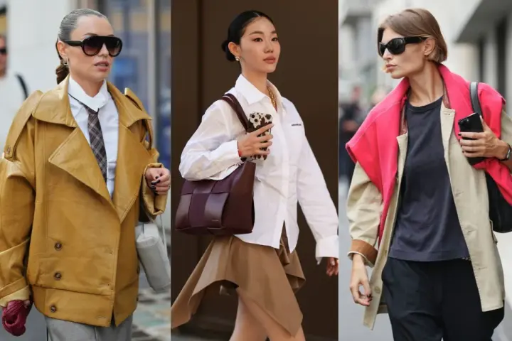 Trzy kobiety prezentują modne stylizacje z elementami color blocking: musztardowa kurtka, brązowa torebka i beżowy płaszcz z fuksjową narzutką.