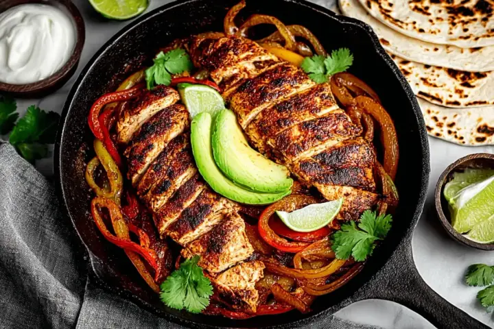 Fajitas de pollo con pimientos, aguacate y tortillas. ¡Un festín listo para disfrutar!