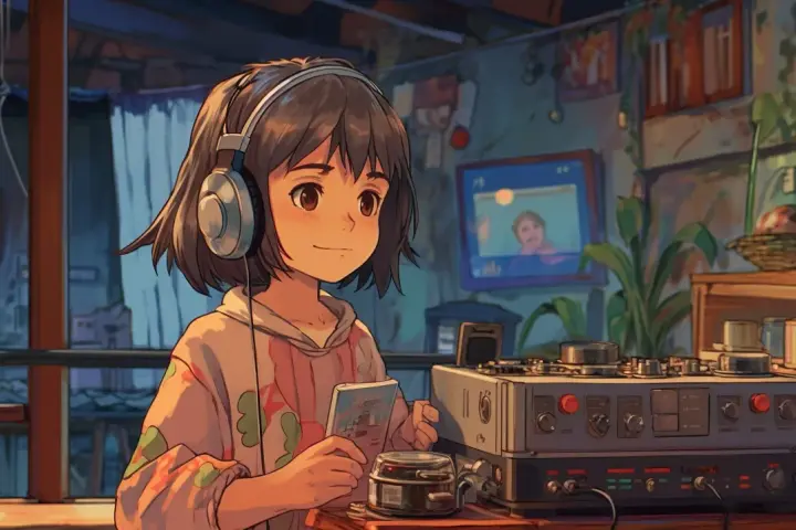 Une jeune fille avec des écouteurs profite d'une ambiance lo fi, tenant un livre et regardant un écran.