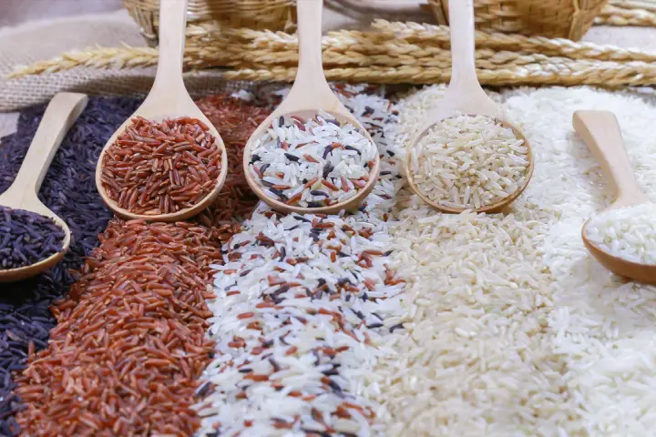 Cucharas de madera con arroz negro, rojo, integral y blanco, perfectos para tus recetas de arroz.