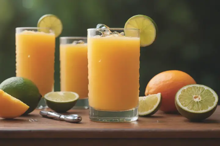 Orzeźwiający drink z marakują kontra drink z mango. Orzeźwiające napoje z owocami cytrusowymi i lodem.