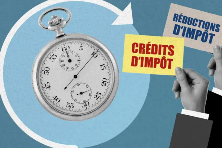 Montre ancienne et cartes "Crédits d'impôt" et "Réductions d'impôt". L'acompte prélèvement à la source, une question de temps.