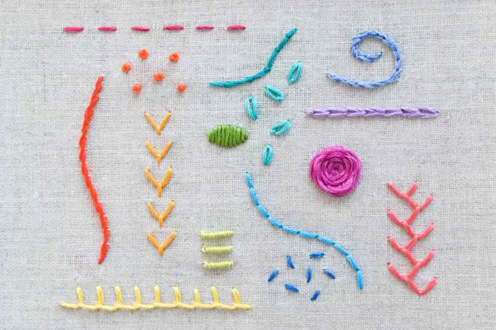 Ejemplos de puntadas para bordado principiantes: líneas, puntos, flechas, espirales y una flor.
