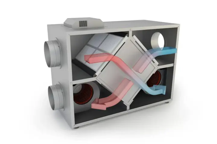 Ventilationsaggregat med FTX-installation. Visar hur varm och kall luft utbyts för energieffektivitet.