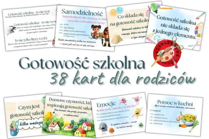 Zestaw 38 kart z prostymi zadaniami do wykonania dla dzieci, wspierającymi gotowość szkolną.