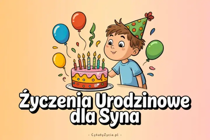 Chłopiec w czapce urodzinowej zdmuchuje świeczki z tortu. Balony i konfetti tworzą radosną atmosferę. Idealne życzenia urodzinowe dla syna.