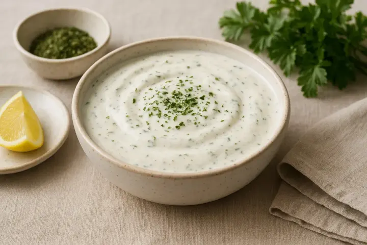 A bowl of creamy ranch dressing with herbs, a lemon wedge, and a small dish of dried herbs.