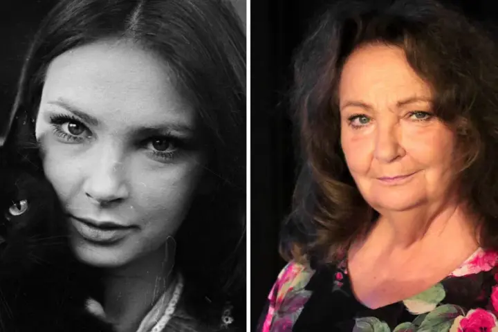 Anna Dymna w wieku 40 lat, z czarnym kotem na lewym zdjęciu, i ta sama aktorka, starsza, w kolorowym kwiecistym ubraniu, po prawej.