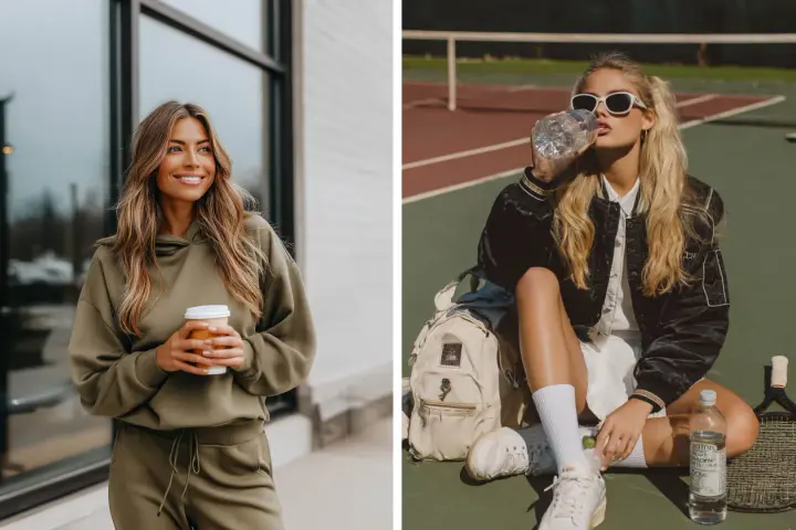 Mujer con conjunto deportivo color oliva y café. Otra mujer con estilo sporty en cancha de tenis, bebiendo agua.