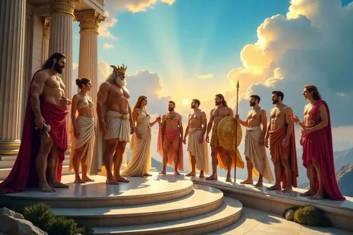 Versammlung der griechischen Götter vor antiken Säulen im Sonnenuntergang. Majestätische Figuren in Togen, einige mit Waffen.