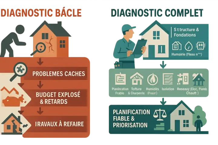 Diagnostic bâclé vs. complet pour rénover sa maison : problèmes cachés, budget explosé et travaux à refaire, ou planification fiable et priorisation.