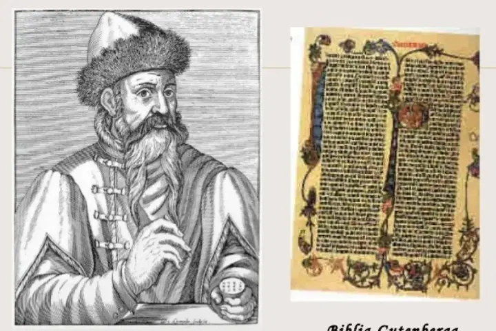 Portret Johannesa Gutenberga obok jego słynnej Biblii. Wynalazca druku.