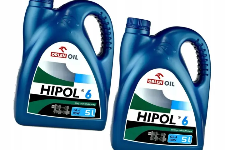 Dwie niebieskie bańki oleju przekładniowego HIPOL 6, każdy po 5 litrów, z logo Orlen Oil.