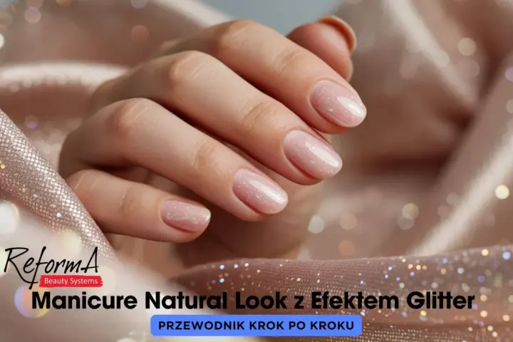 Delikatne zdobienie paznokci w naturalnym stylu z efektem glitter. Dłonie prezentują subtelny manicure, podkreślony blaskiem.