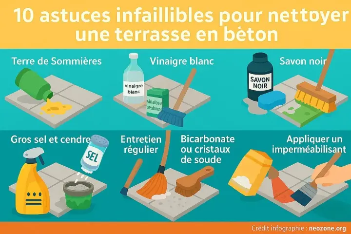 Astuces pour enlever le vert sur terrasse béton : terre de Sommières, vinaigre blanc, savon noir, gros sel, entretien régulier, bicarbonate, imperméabilisant.