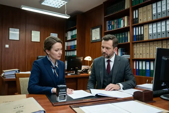 Kobieta i mężczyzna w garniturach omawiają dokumenty przy biurku. W tle regały z aktami, sugerujące sprawy dotyczące wspólności majątkowej.