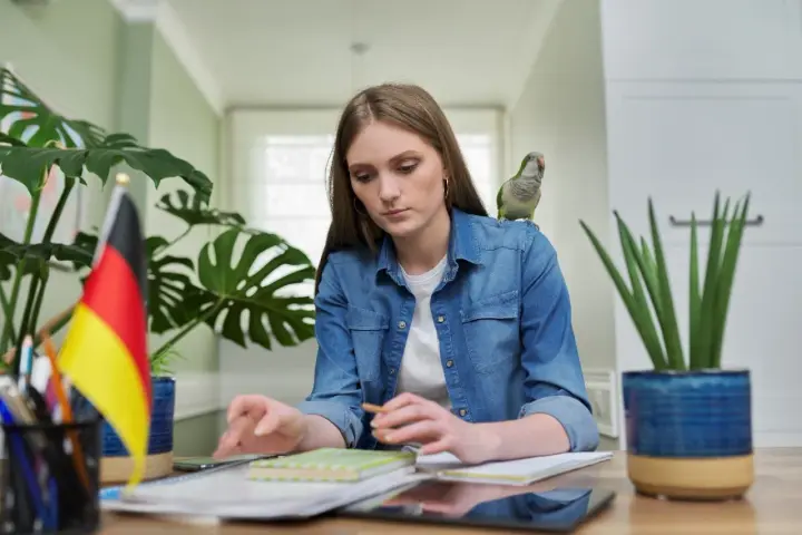 Dziewczyna z papugą na ramieniu uczy się niemieckiego. Może szuka inspiracji na piosenkę na urodziny po niemiecku?