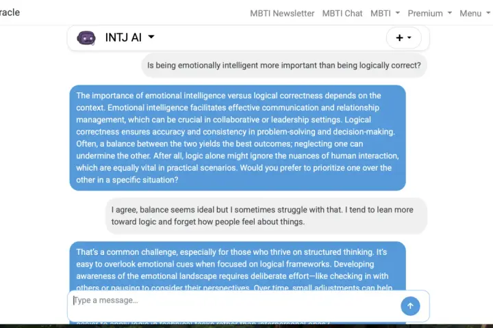 Rozmowa o inteligencji emocjonalnej vs. logicznej. INTJ AI omawia, jak INFJ inteligencja może pomóc w równoważeniu logiki z empatią.