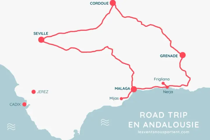 Carte d'un road trip en Andalousie avec les villes de Séville, Cordoue, Grenade, Malaga et Cadix.