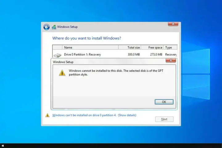 Komunikat błędu instalatora Windows: nie można zainstalować systemu Windows na tym dysku, ponieważ jest on w stylu partycji GPT.