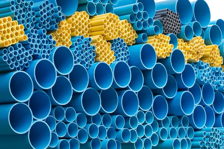 Tubi in polipropilene: pile di tubi blu e gialli, con alcune differenze visibili nei diametri e nelle tonalità.