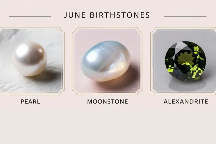 June birthstones: a lustrous pearl, an iridescent moonstone, and a vibrant alexandrite.