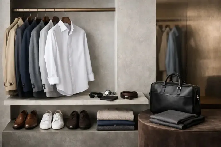 Armadio maschile con abiti eleganti, scarpe e accessori. Un guardaroba curato per trovare il proprio stile uomo.