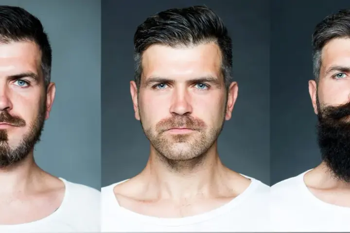 Tres hombres con diferentes estilos de barba: un barba goatee, una barba corta y una barba larga y tupida.