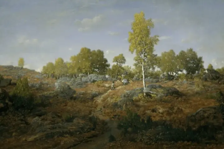 Paysage rocheux et boisé, typique de l'école de Barbizon, avec un chemin sinueux et deux personnages.