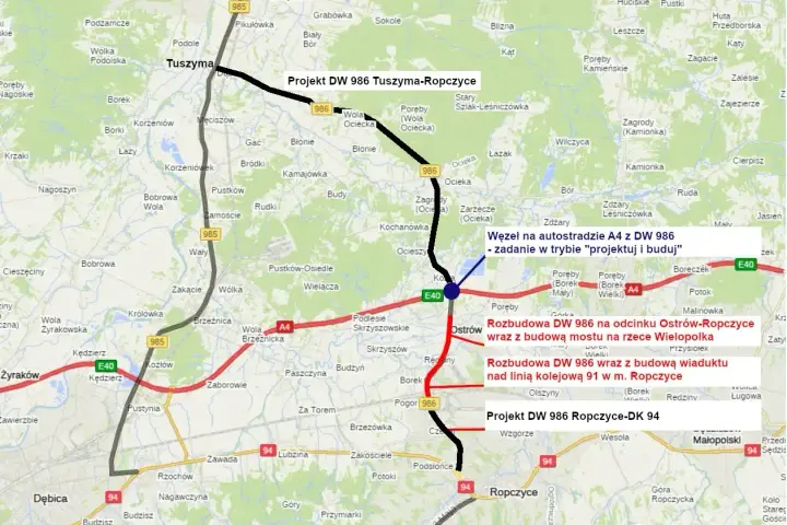 Mapa pokazuje projekt DW 986 Tuszyma-Ropczyce, rozbudowę DW 986 na odcinku Ostrów-Ropczyce i węzeł na autostradzie A4.