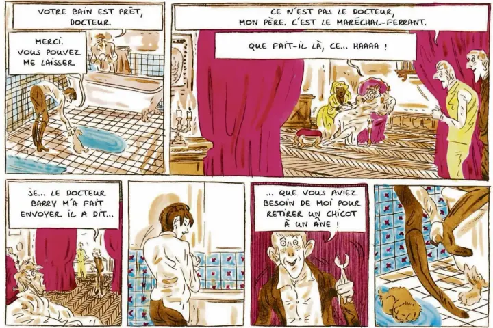 Le docteur James Barry, médecin, est représenté dans plusieurs scènes, dont une où il prépare un bain.