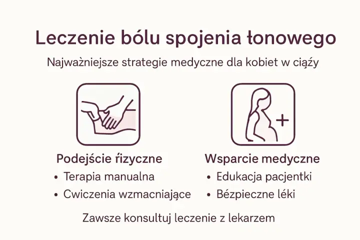 Strategie leczenia bólu spojenia łonowego w ciąży: fizjoterapia, terapia manualna, ćwiczenia, edukacja i bezpieczne leki.