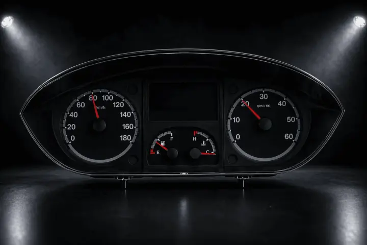 Instrumentpanel symboler Fiat Ducato: hastighetsmätare, varvräknare, bränsle- och temperaturmätare.