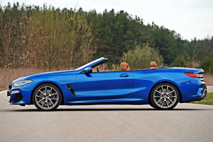 Niebieski roadster z brązową skórzaną tapicerką, zaparkowany na drodze z widokiem na las.
