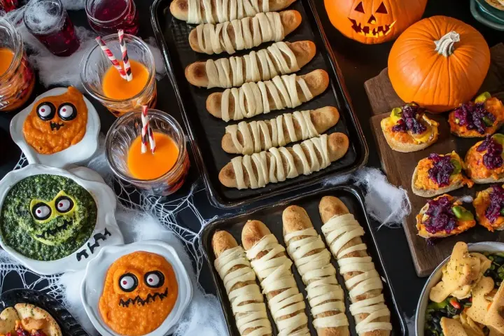 En härlig Halloween-buffé med mumiekorvar, pumpor och läskiga dippar. Perfekt för en mumie halloween-fest!