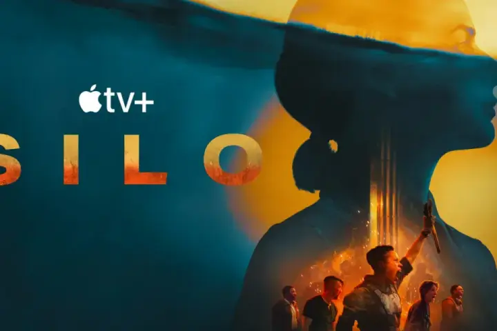 Logo Silos sezon 2. Sylwetka kobiety na tle podwodnego świata i grupy ludzi.