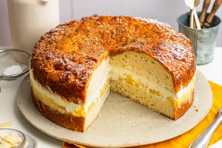 Ein köstlicher Kuchen mit Buttercreme-Füllung und Mandeldecke, inspiriert von Landfrauen Kuchen Rezepten.
