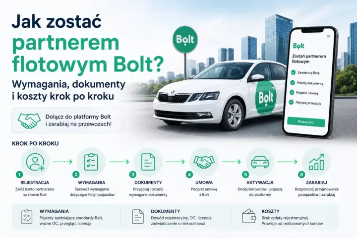 Jak zostać partnerem flotowym Bolt? Zarejestruj flotę, prześlij dokumenty, podpisz umowę i zacznij zarabiać na przewozach.
