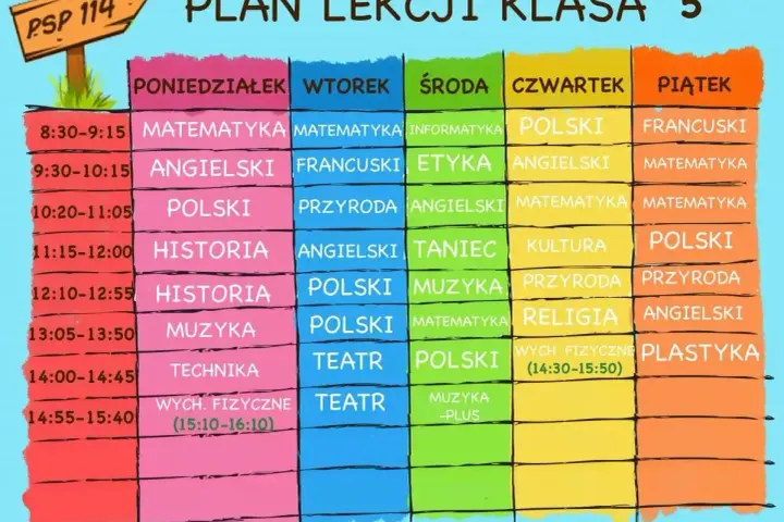 Plan lekcji klasy 5: matematyka, polski, historia, muzyka, technika, wychowanie fizyczne, informatyka, etyka, taniec, kultura, religia, plastyka, angielski, francuski, przyroda.