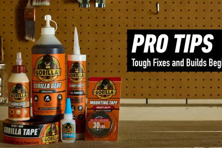 A collection of Gorilla Glue products, including wood glue, original glue, heavy duty construction adhesive, super glue, mounting tape, and black tape, displayed as a guide for tough fixes.