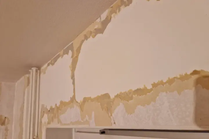 Tapeten flagnar och visar lager av gammal färg och papper. En renovering är på gång, där man förbereder för att måla på tapet.
