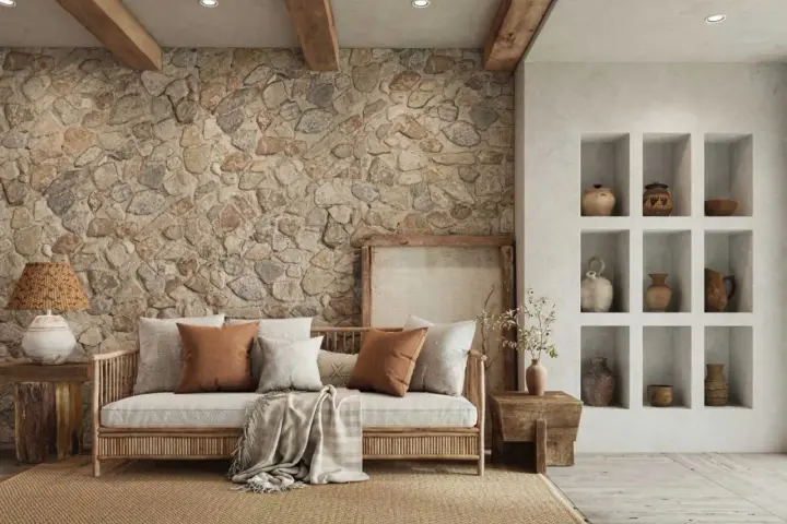 Sofá de madera con cojines y manta, junto a una pared con acabado rústico de piedra y vigas de madera.