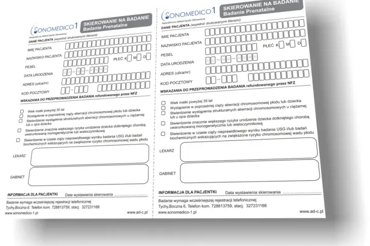 Dwa formularze skierowania na badanie prenatalne, z polami do wypełnienia danych pacjenta i wskazaniami do badań.