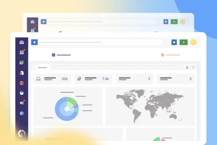 Panel de control con gráficos de pastel y mapa mundial. Muestra métricas clave y la amortización de aplicaciones informáticas.