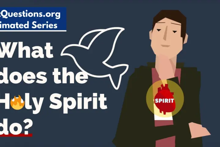 Animated graphic asking "What does the Holy Spirit do?" with a dove symbol and a heart labeled "Spirit" inside a person.