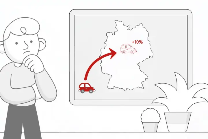 Zamyślony człowiek patrzy na mapę Niemiec z czerwoną strzałką wskazującą na wzrost o +10% dla pcc3.
