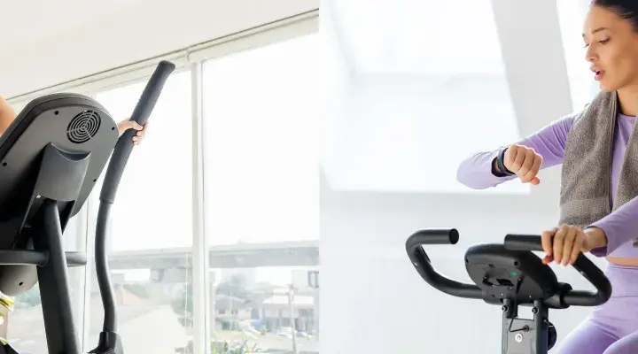 A woman uses a cross trainer while another checks her watch on an exercise bike, showcasing two popular cardio options.