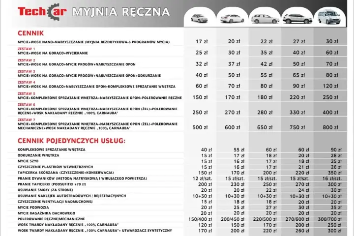Cennik usług Techcar: kompleksowe czyszczenie auta w środku, pranie tapicerki, wosk. Ceny od 15 zł.