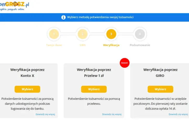 SuperGrosz.pl: wybierz metodę weryfikacji tożsamości, np. przelew 1 zł. Ułatwia to supergrosz wcześniejsza spłata.